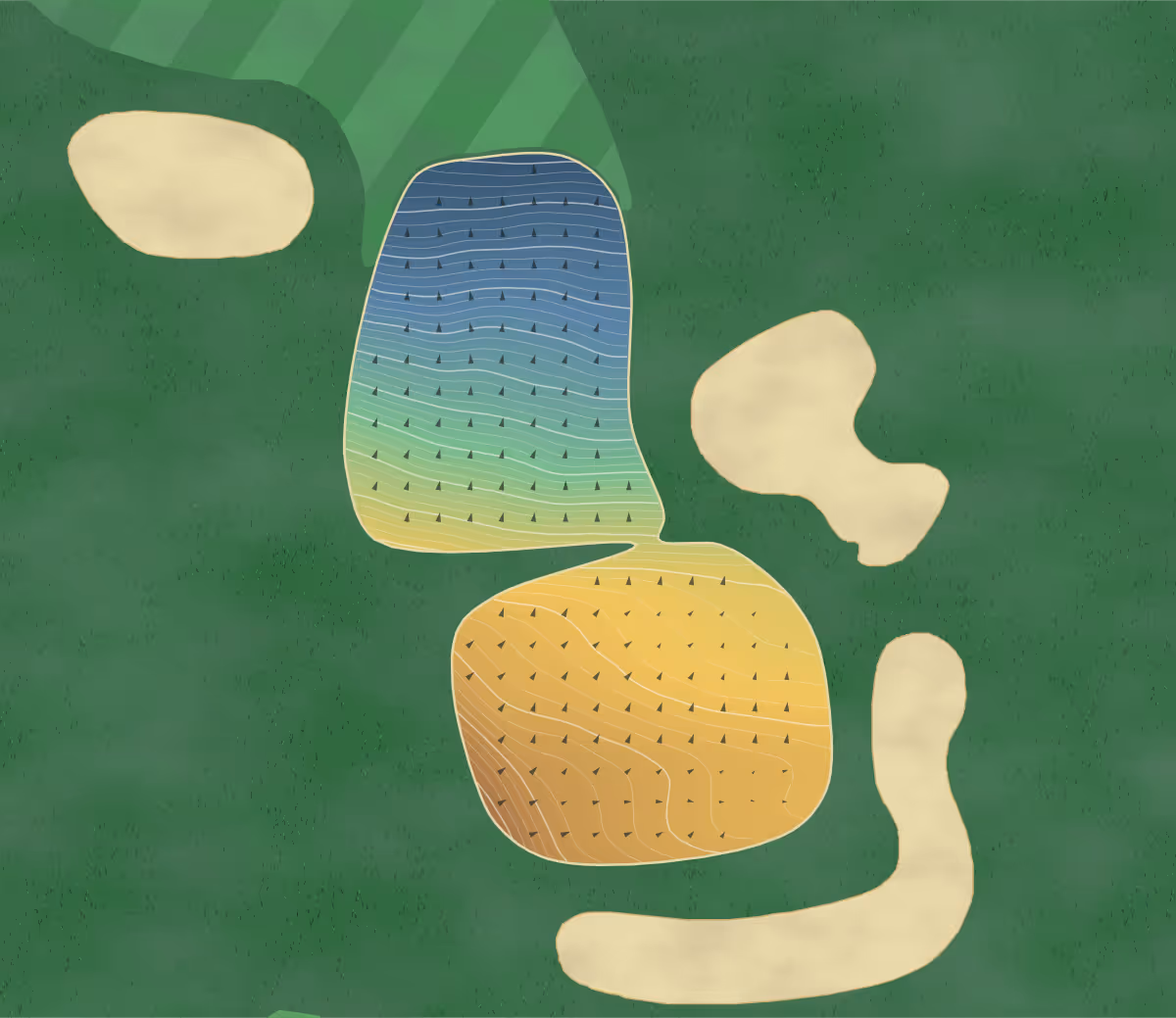 Green contour map of The Donald Ross in French Lick, Indiana: 421 elevation contours at a 3-inch interval with fall-line arrows, traced from 1-meter lidar