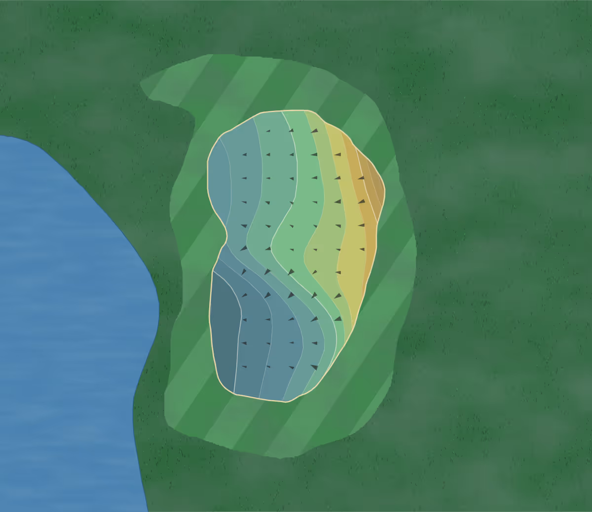 Green contour map of The Eastwood in Streator, Illinois — 82 elevation contours at a 3-inch interval with fall-line arrows, traced from 1-meter lidar
