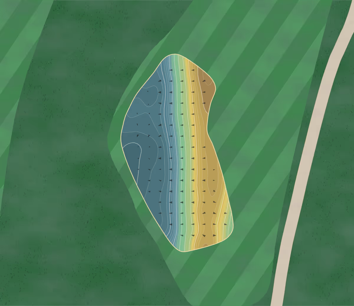 Green contour map of Canal Shores in Evanston, Illinois — 210 elevation contours at a 3-inch interval with fall-line arrows, traced from 1-meter lidar
