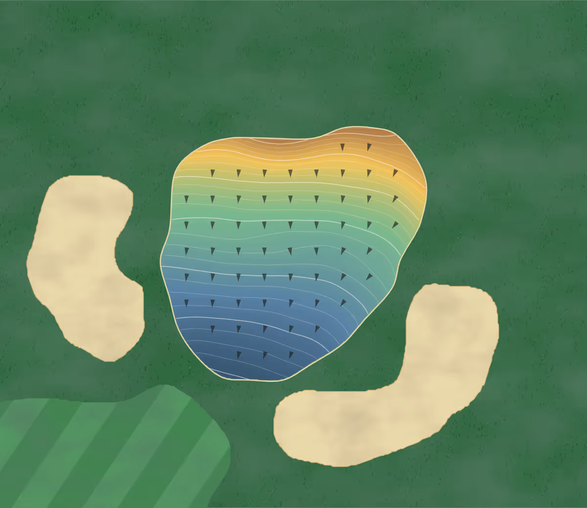 Green contour map of Kirrie Glen in Bracebridge, Canada — 143 elevation contours at a 8-centimeter interval with fall-line arrows, traced from 1-meter lidar