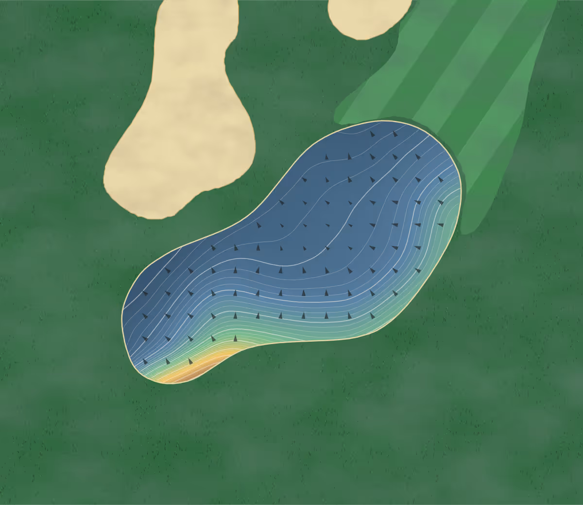Green contour map of The Falls in Chilliwack, Canada: 357 elevation contours at a 8-centimeter interval with fall-line arrows, traced from 1-meter lidar