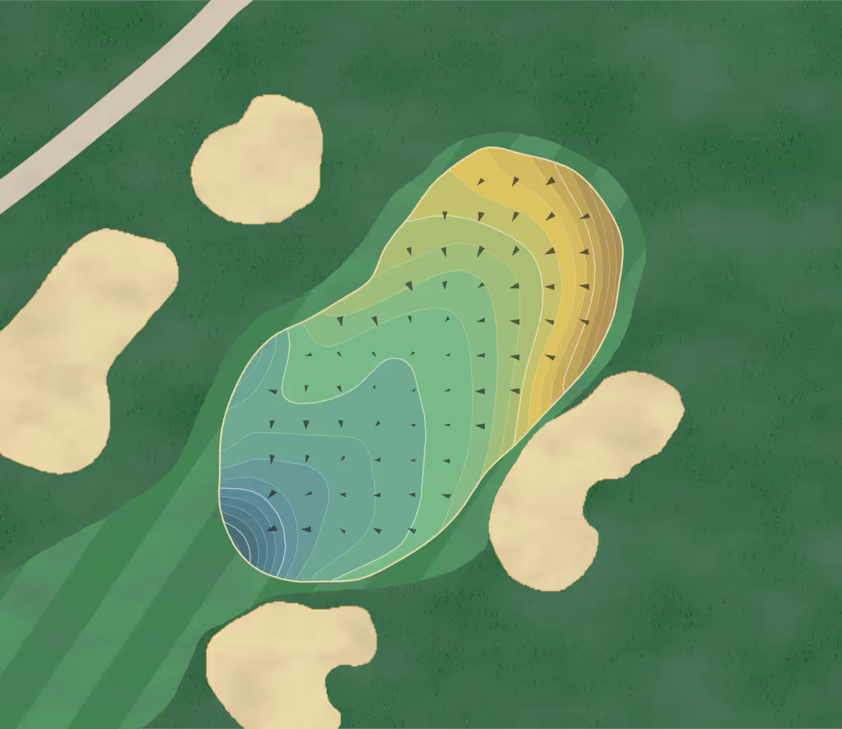 Green contour map of The Farms in Rancho Santa Fe, California — 287 elevation contours at a 3-inch interval with fall-line arrows, traced from 1-meter lidar