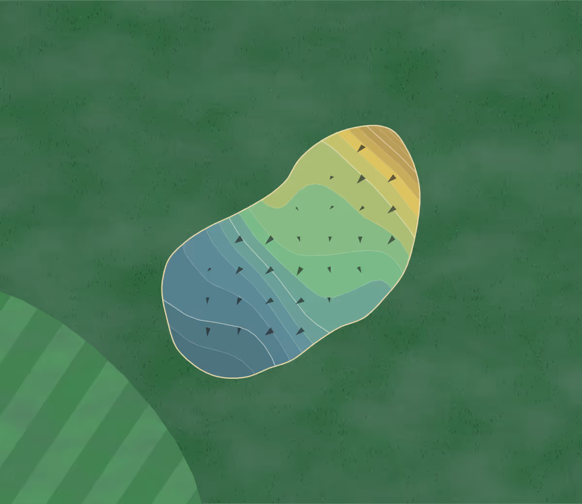 Green contour map of The First Tee of Troup County in Lagrange, Georgia — 102 elevation contours at a 3-inch interval with fall-line arrows, traced from 1-meter lidar