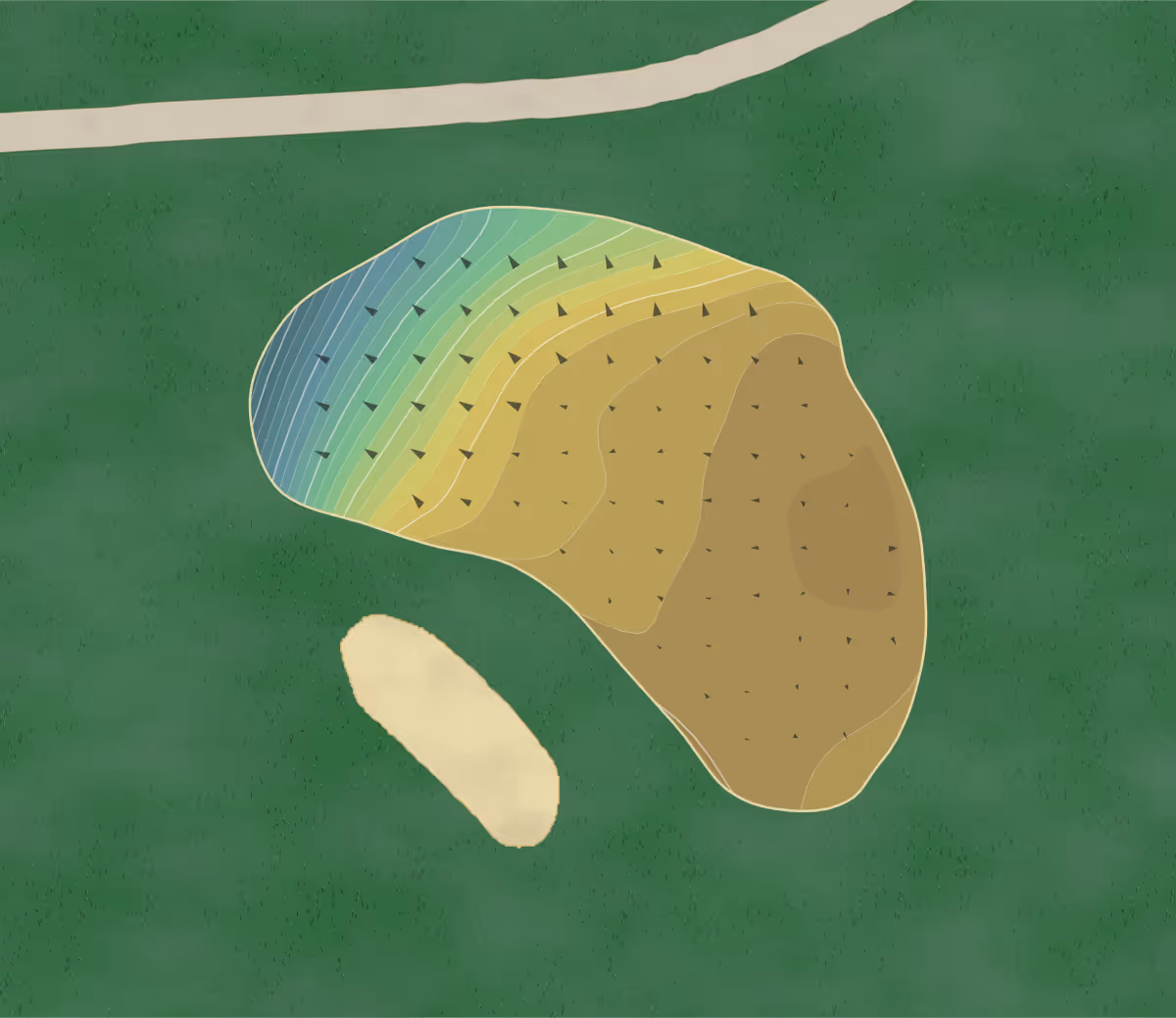 Green contour map of The General Golf Course at Joe Wheeler State Park in Rogersville, Alabama — 157 elevation contours at a 3-inch interval with fall-line arrows, traced from 1-meter lidar