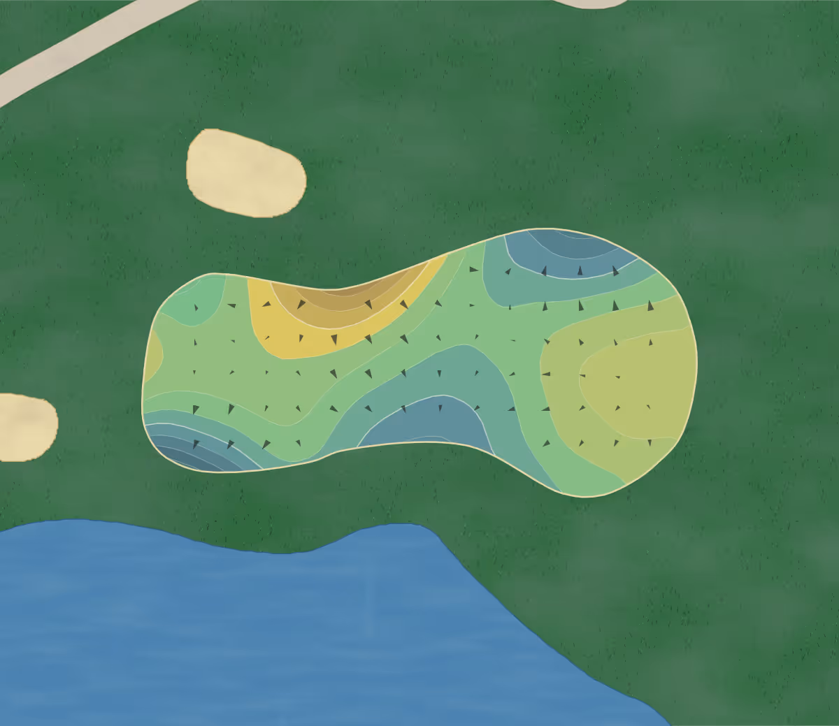 Green contour map of Fiddler's Creek in Naples, Florida — 154 elevation contours at a 3-inch interval with fall-line arrows, traced from 1-meter lidar