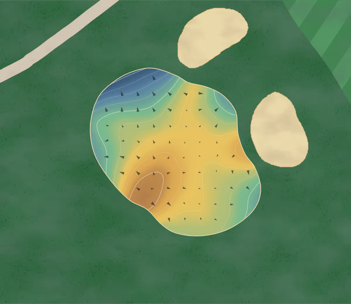 Green contour map of The Golf Club At Surrey Hills in Yukon, Oklahoma — 164 elevation contours at a 3-inch interval with fall-line arrows, traced from 1-meter lidar
