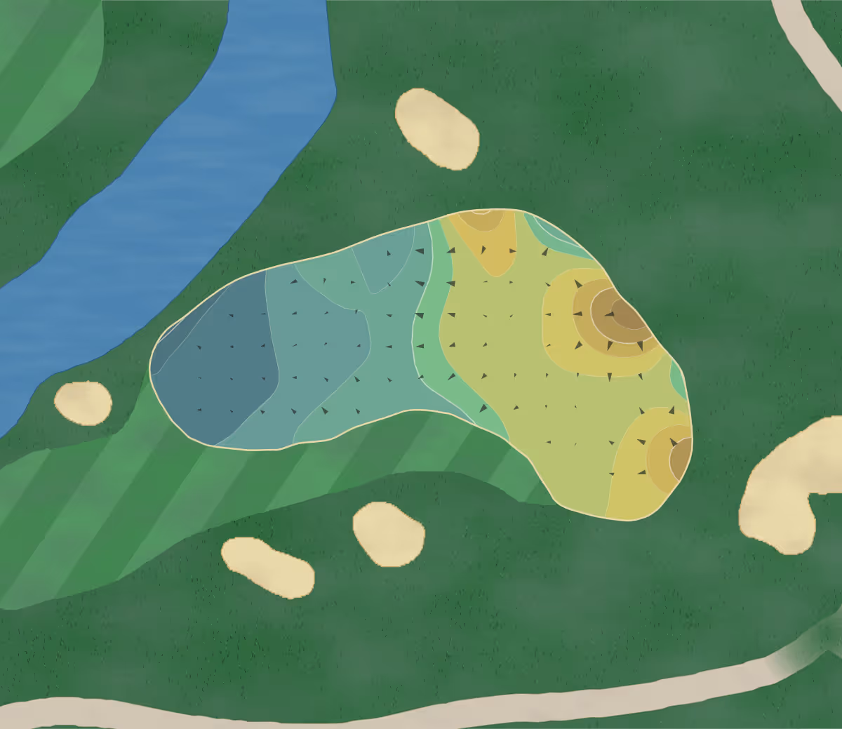 Green contour map of Golf Club in New Albany, Ohio — 164 elevation contours at a 3-inch interval with fall-line arrows, traced from 1-meter lidar