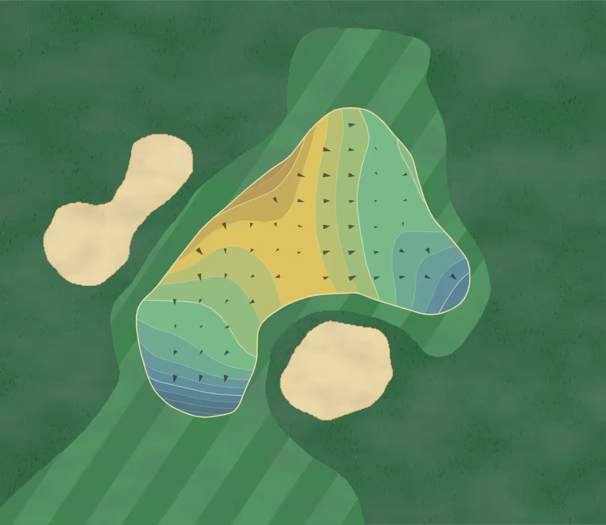 Green contour map of The Golf Club of California in Fallbrook, California — 191 elevation contours at a 3-inch interval with fall-line arrows, traced from 1-meter lidar