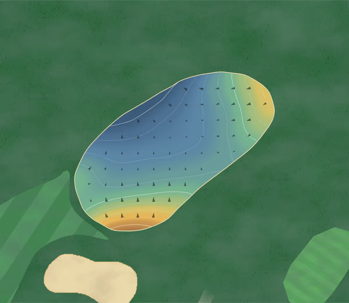 Green contour map of Golf Preserve in Lafayette, Indiana — 135 elevation contours at a 3-inch interval with fall-line arrows, traced from 1-meter lidar