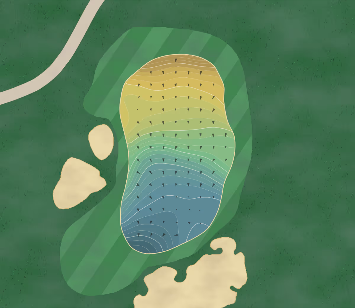 Green contour map of The Grand in San Diego, California — 399 elevation contours at a 3-inch interval with fall-line arrows, traced from 1-meter lidar