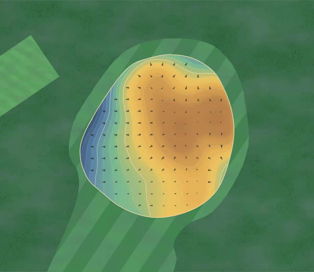 Green contour map of Greens in Lancaster, Ohio — 74 elevation contours at a 3-inch interval with fall-line arrows, traced from 1-meter lidar
