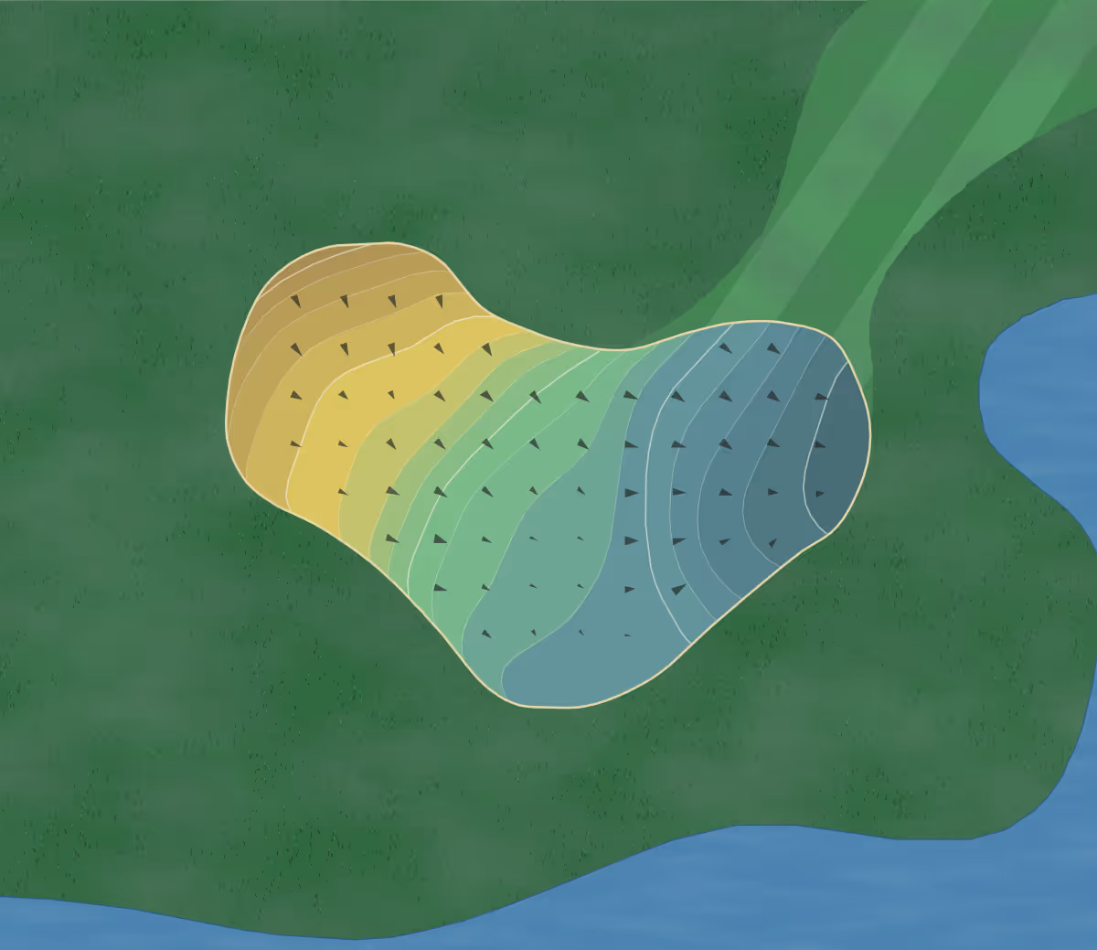 Green contour map of The Grove Country Club in Long Grove, Illinois — 205 elevation contours at a 3-inch interval with fall-line arrows, traced from 1-meter lidar