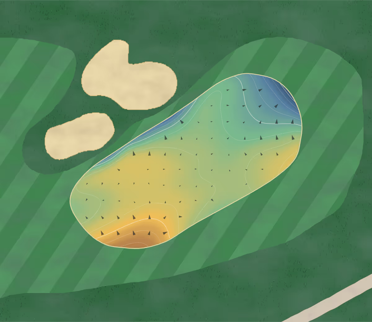 Green contour map of Grove Greg Norman in College Grove, Tennessee — 170 elevation contours at a 3-inch interval with fall-line arrows, traced from 1-meter lidar