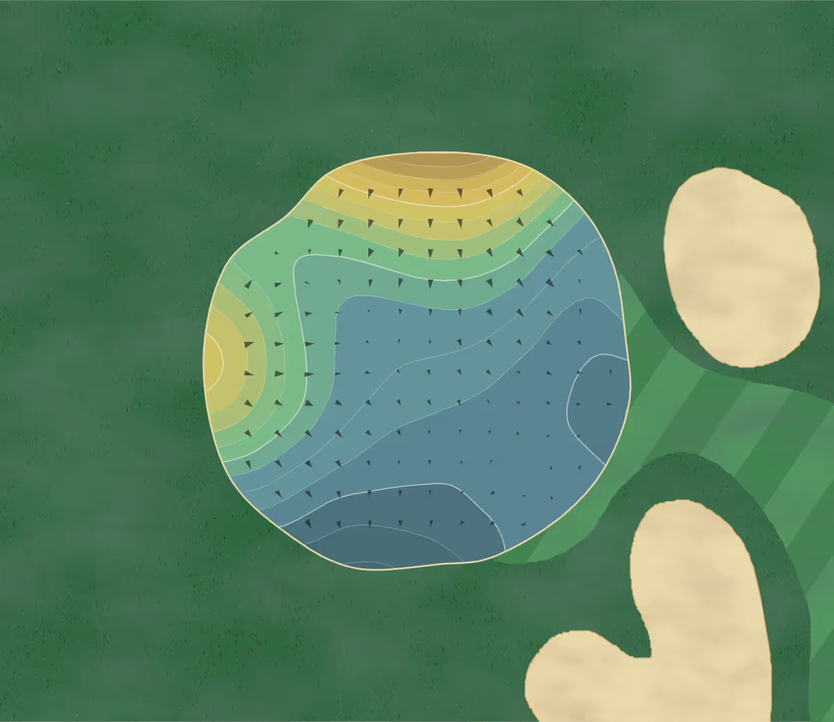 Green contour map of Moor Course in Harbor Springs, Michigan — 175 elevation contours at a 3-inch interval with fall-line arrows, traced from 1-meter lidar