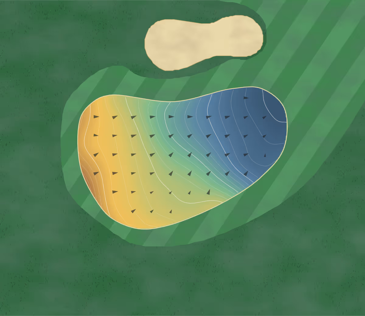 Green contour map of Hills GC at Calvert in Calhoun, Louisiana — 207 elevation contours at a 3-inch interval with fall-line arrows, traced from 1-meter lidar