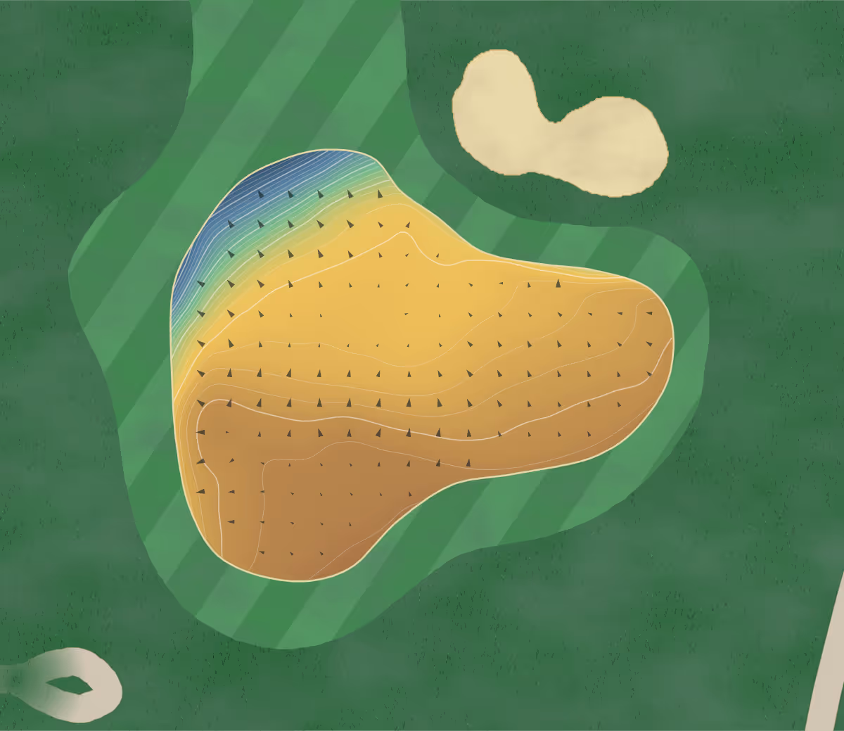 Green contour map of Hills in Queenstown, New Zealand — 302 elevation contours at a 8-centimeter interval with fall-line arrows, traced from 1-meter lidar