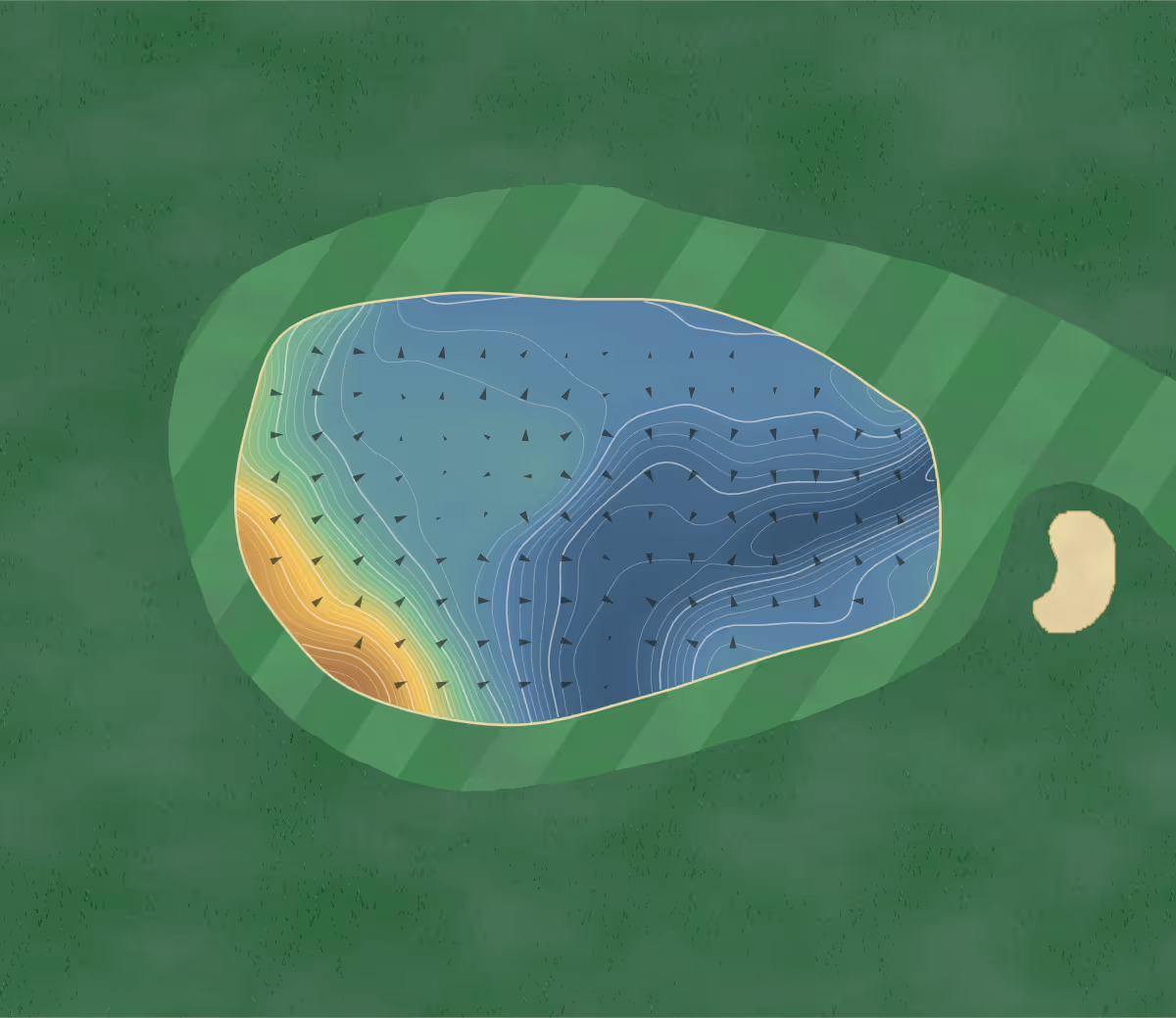 Green contour map of The Inspiration in Northolt, England: 379 elevation contours at a 8-centimeter interval with fall-line arrows, traced from 1-meter lidar