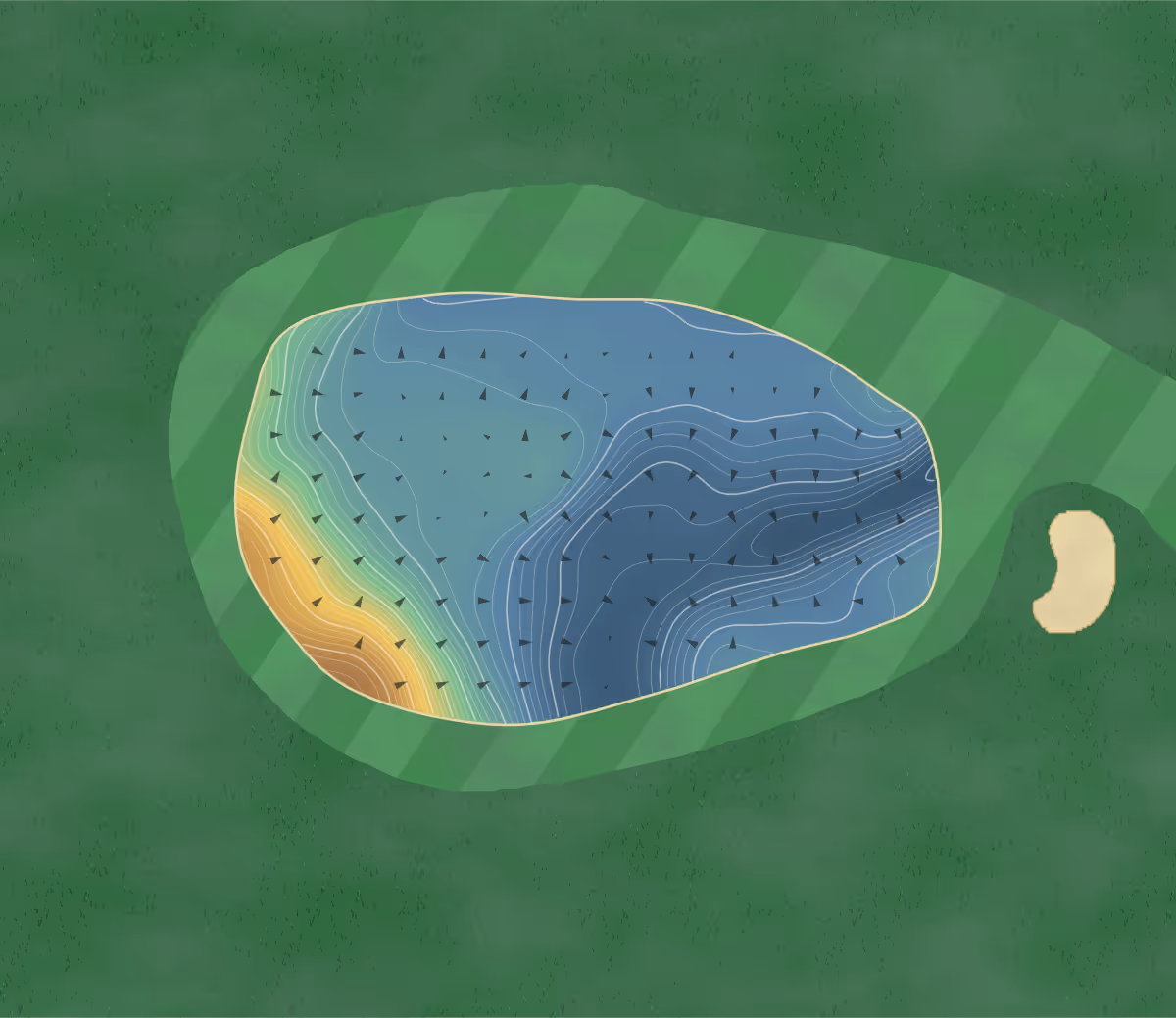 Green contour map of The Inspiration in Northolt, England — 359 elevation contours at a 8-centimeter interval with fall-line arrows, traced from 1-meter lidar