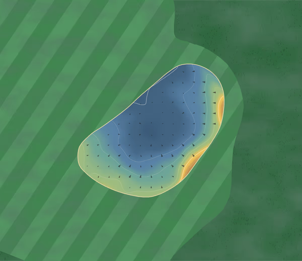 Green contour map of The Irvine in Irvine, Scotland: 26 elevation contours at a 8-centimeter interval with fall-line arrows, traced from 1-meter lidar