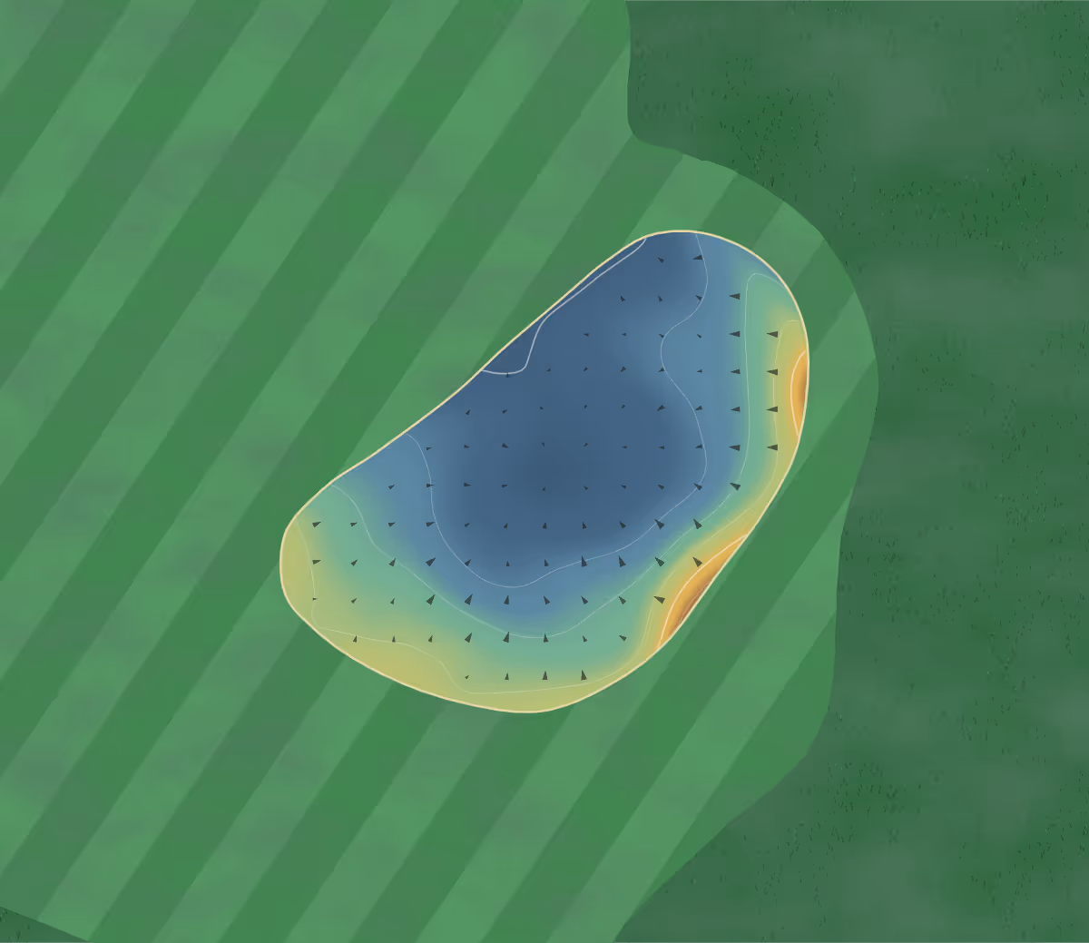 Green contour map of Irvine in Irvine, Scotland — 24 elevation contours at a 8-centimeter interval with fall-line arrows, traced from 1-meter lidar