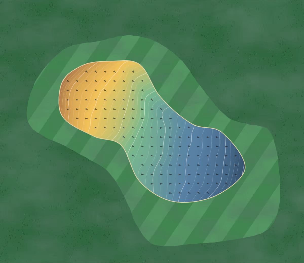 Green contour map of The Kames in Lanark, Scotland: 176 elevation contours at a 8-centimeter interval with fall-line arrows, traced from 1-meter lidar