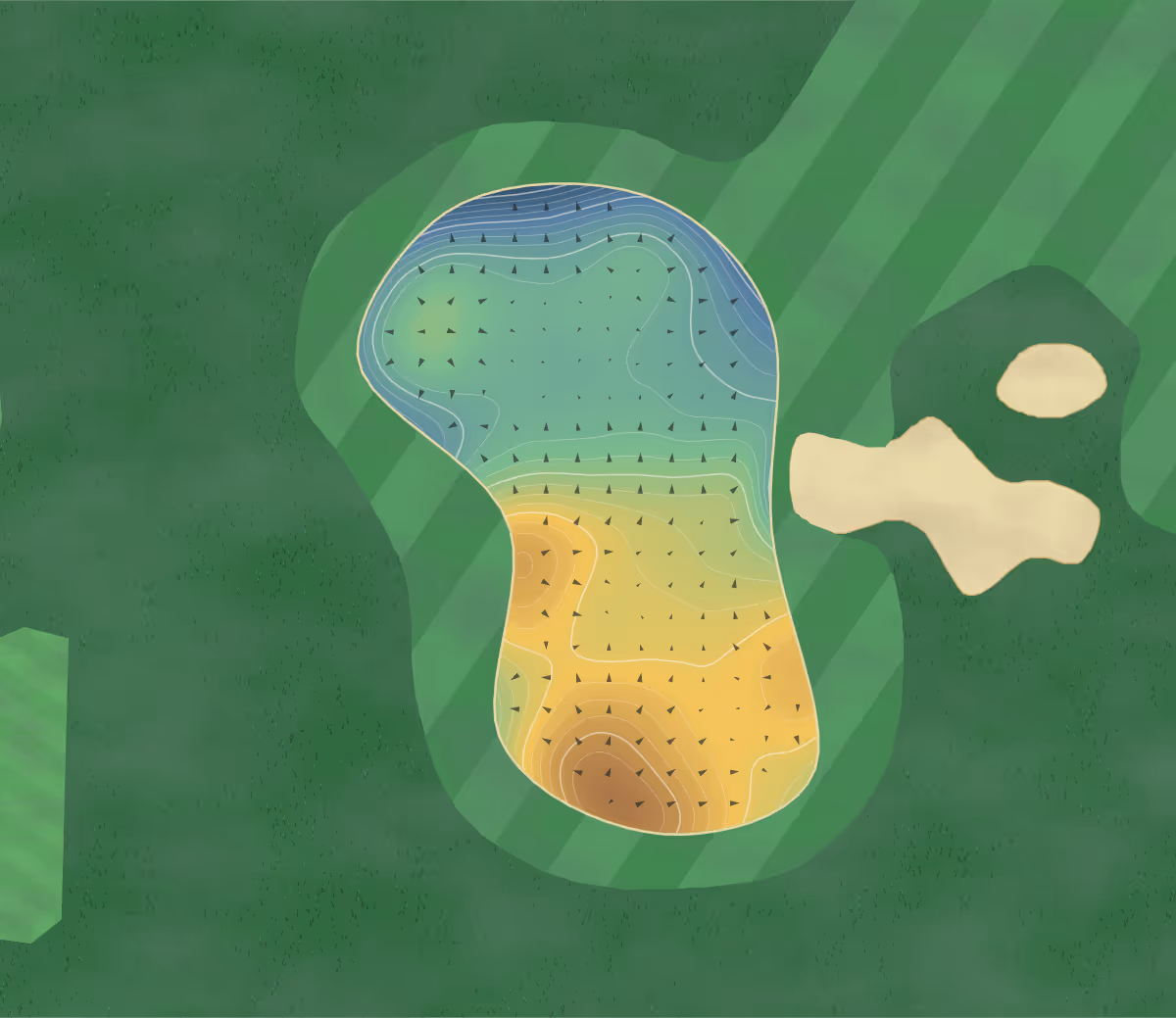 Green contour map of The Kendleshire in Bristol, England — 318 elevation contours at a 8-centimeter interval with fall-line arrows, traced from 1-meter lidar