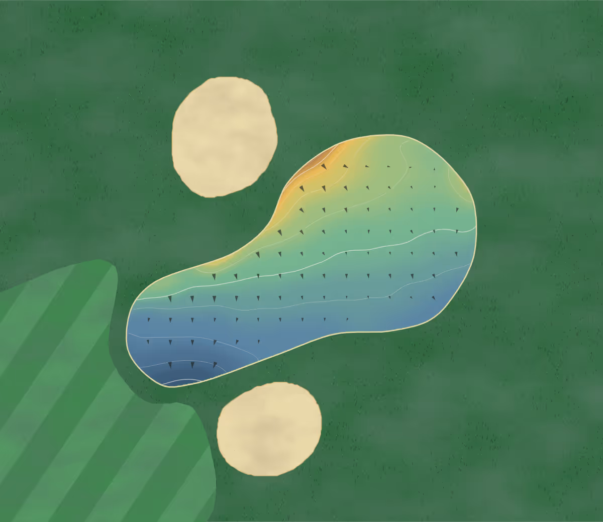 Green contour map of The Kidderminster in Kidderminster, England: 34 elevation contours at a 8-centimeter interval with fall-line arrows, traced from 1-meter lidar