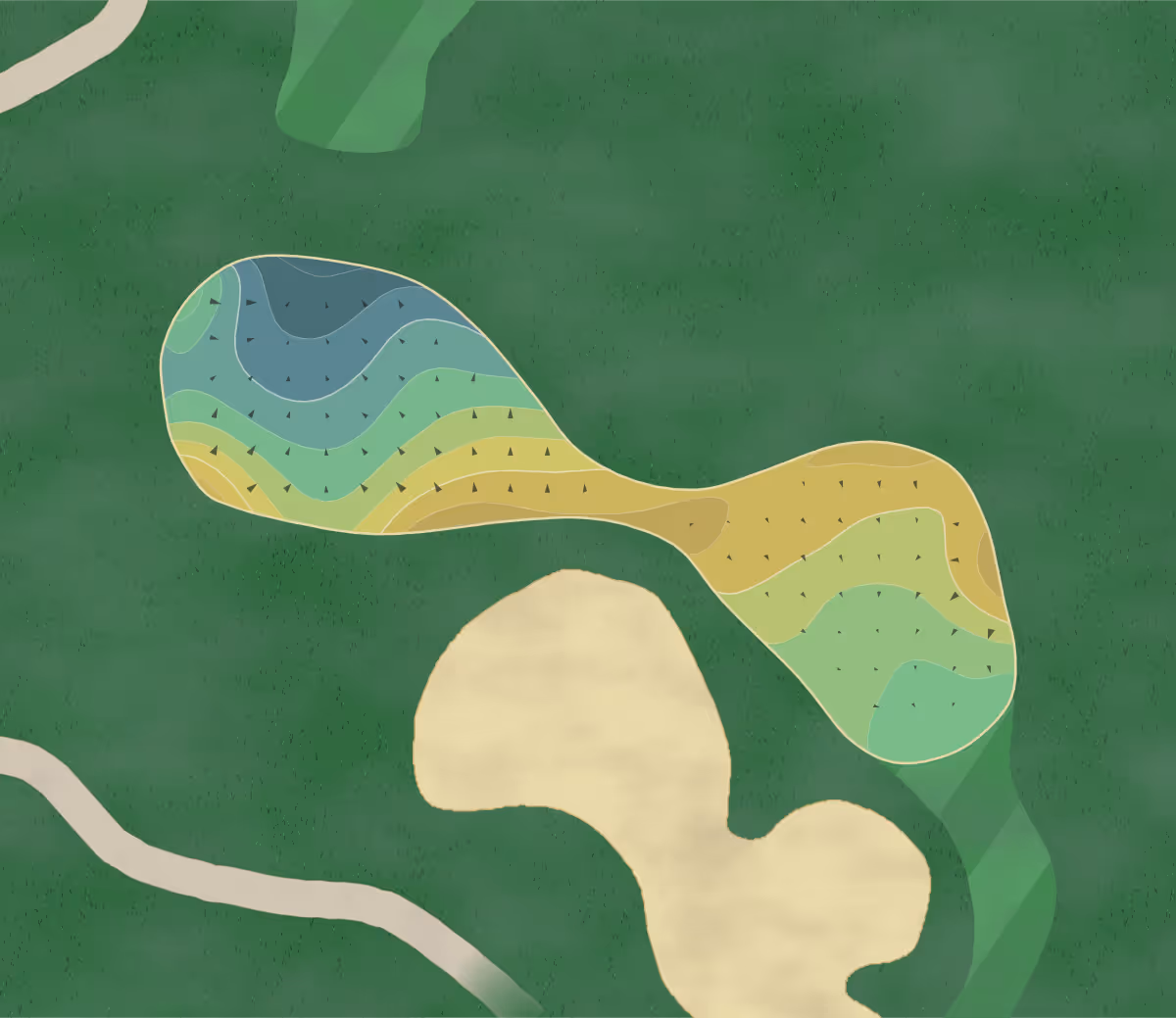 Green contour map of Sandridge Lakes in Vero Beach, Florida — 105 elevation contours at a 3-inch interval with fall-line arrows, traced from 1-meter lidar