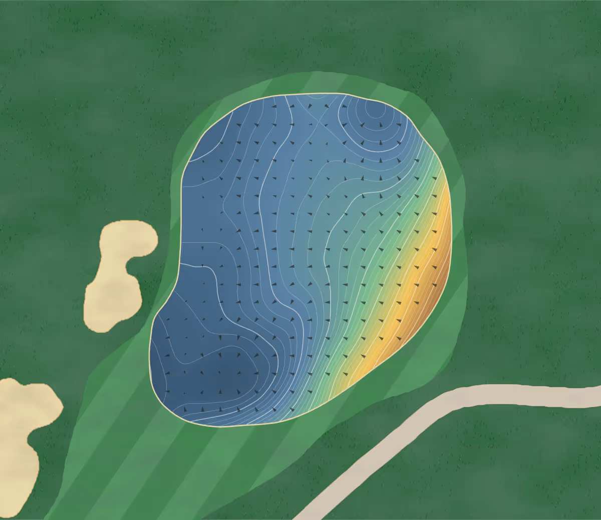 Green contour map of The Lakes in Ben Eoin, Canada: 415 elevation contours at a 8-centimeter interval with fall-line arrows, traced from 1-meter lidar