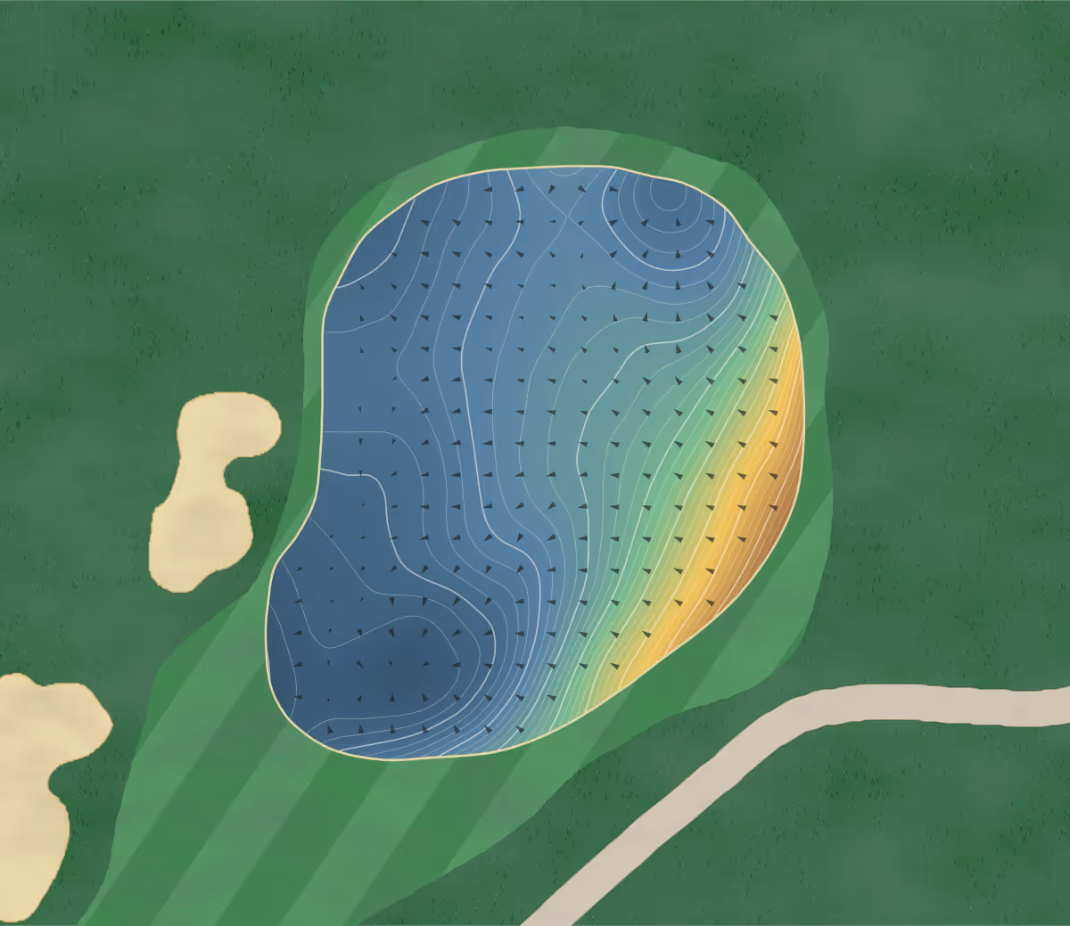 Green contour map of The Lakes in Ben Eoin, Canada — 415 elevation contours at a 8-centimeter interval with fall-line arrows, traced from 1-meter lidar