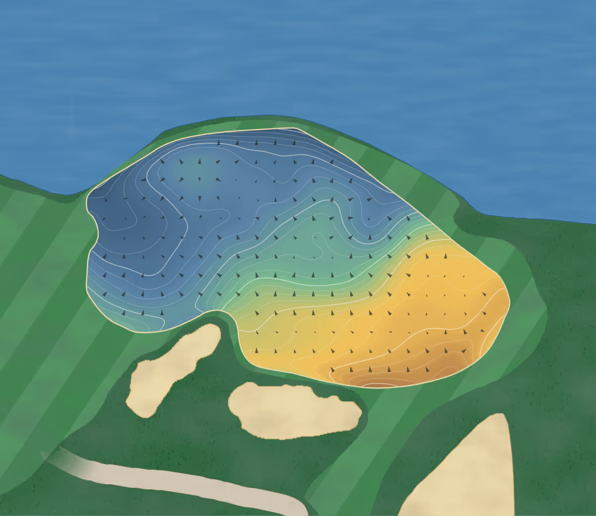 Green contour map of Lakes in Rosebery, Australia — 313 elevation contours at a 8-centimeter interval with fall-line arrows, traced from 1-meter lidar