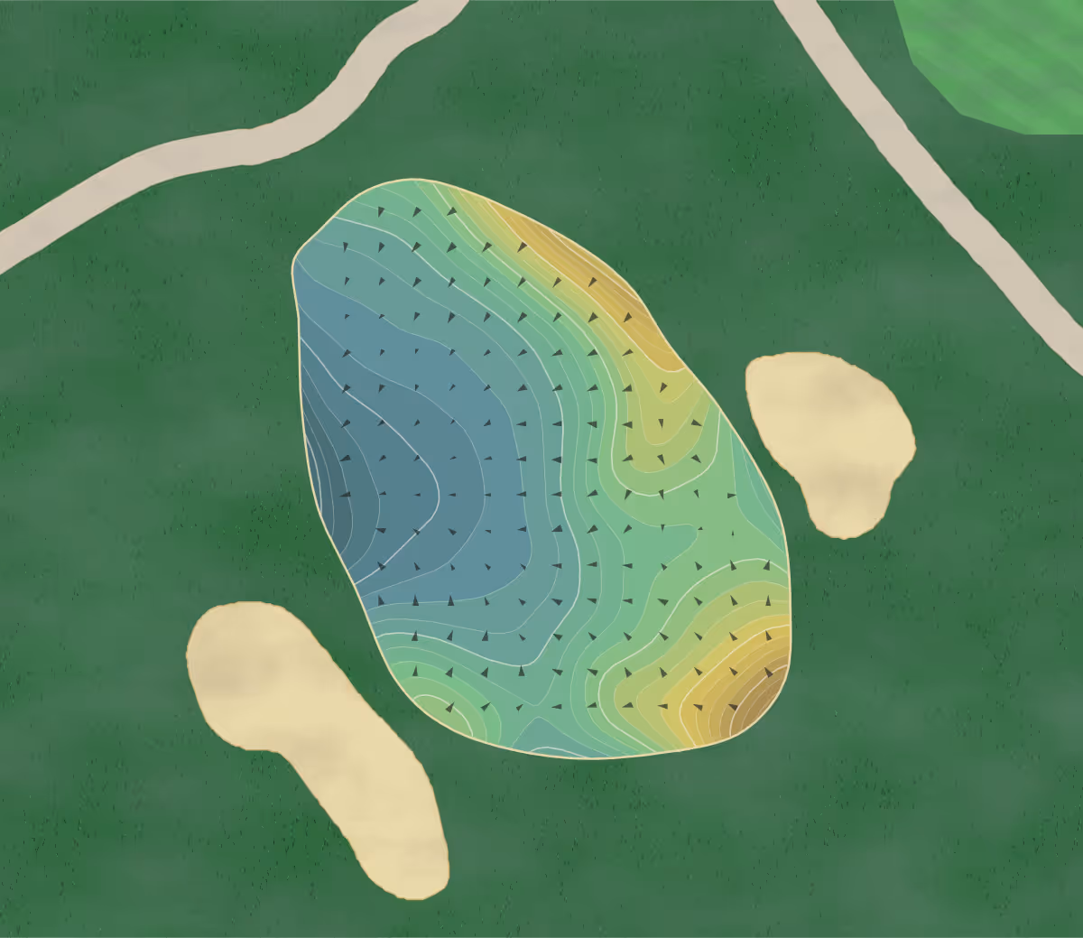 Green contour map of Bahle Farms in Suttons Bay, Michigan — 342 elevation contours at a 3-inch interval with fall-line arrows, traced from 1-meter lidar