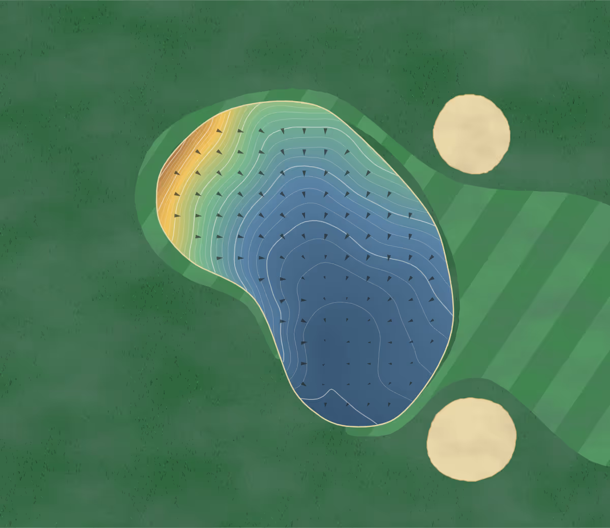 Green contour map of The Legacy in Prole, Iowa: 398 elevation contours at a 3-inch interval with fall-line arrows, traced from 1-meter lidar