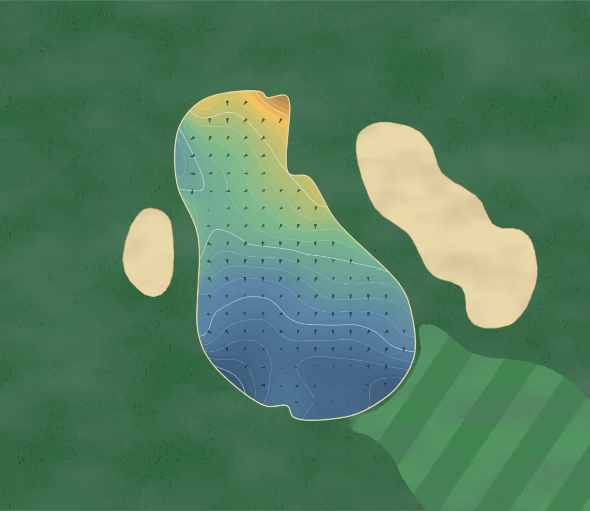 Green contour map of The Legend in Bellaire, Michigan: 245 elevation contours at a 3-inch interval with fall-line arrows, traced from 1-meter lidar