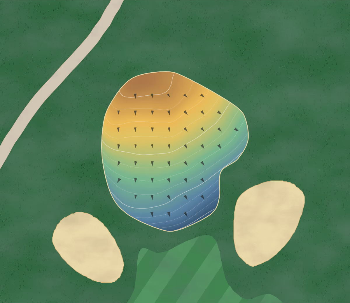 Green contour map of Audubon in Memphis, Tennessee: 80 elevation contours at a 3-inch interval with fall-line arrows, traced from 1-meter lidar
