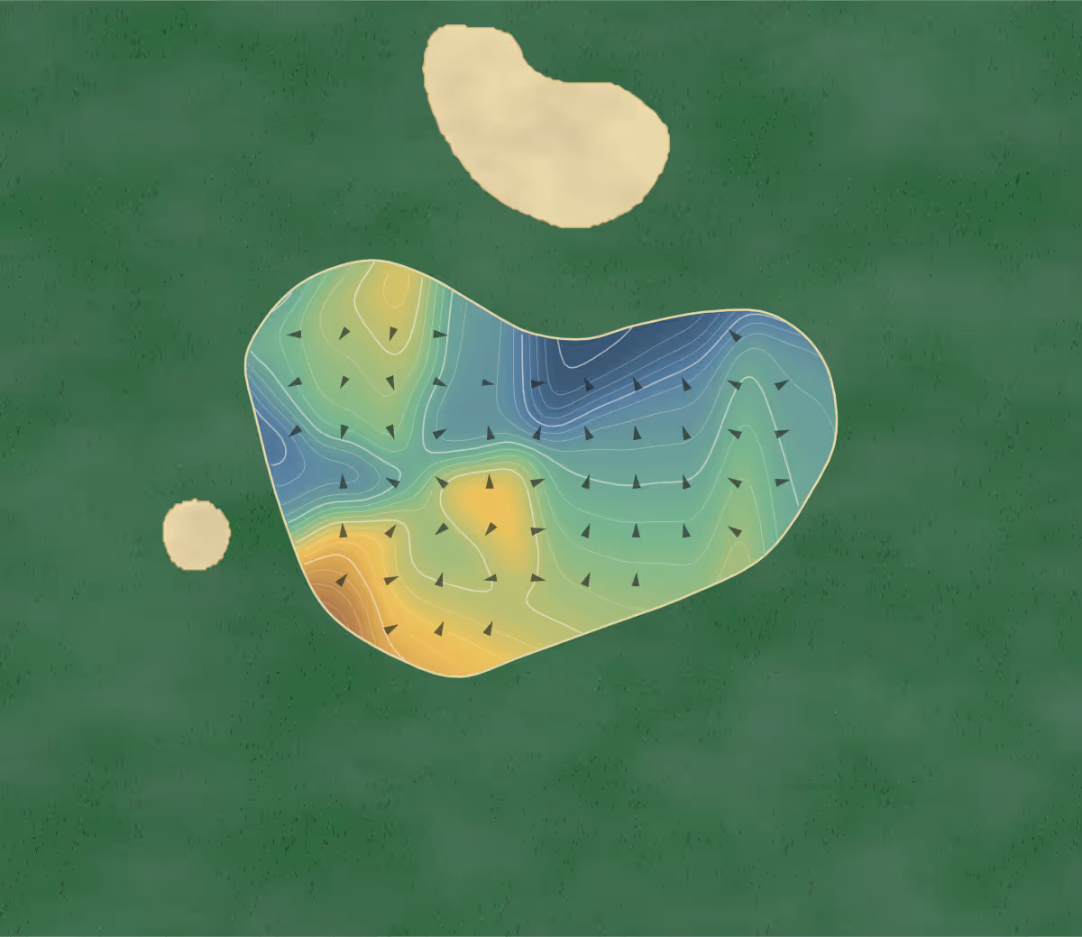 Green contour map of Links at Crowbush Cove in Morell, Canada — 215 elevation contours at a 8-centimeter interval with fall-line arrows, traced from 1-meter lidar