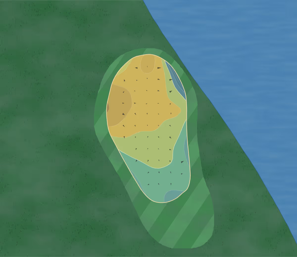 Green contour map of Ireland Grove in Illinois, United States — 76 elevation contours at a 3-inch interval with fall-line arrows, traced from 1-meter lidar