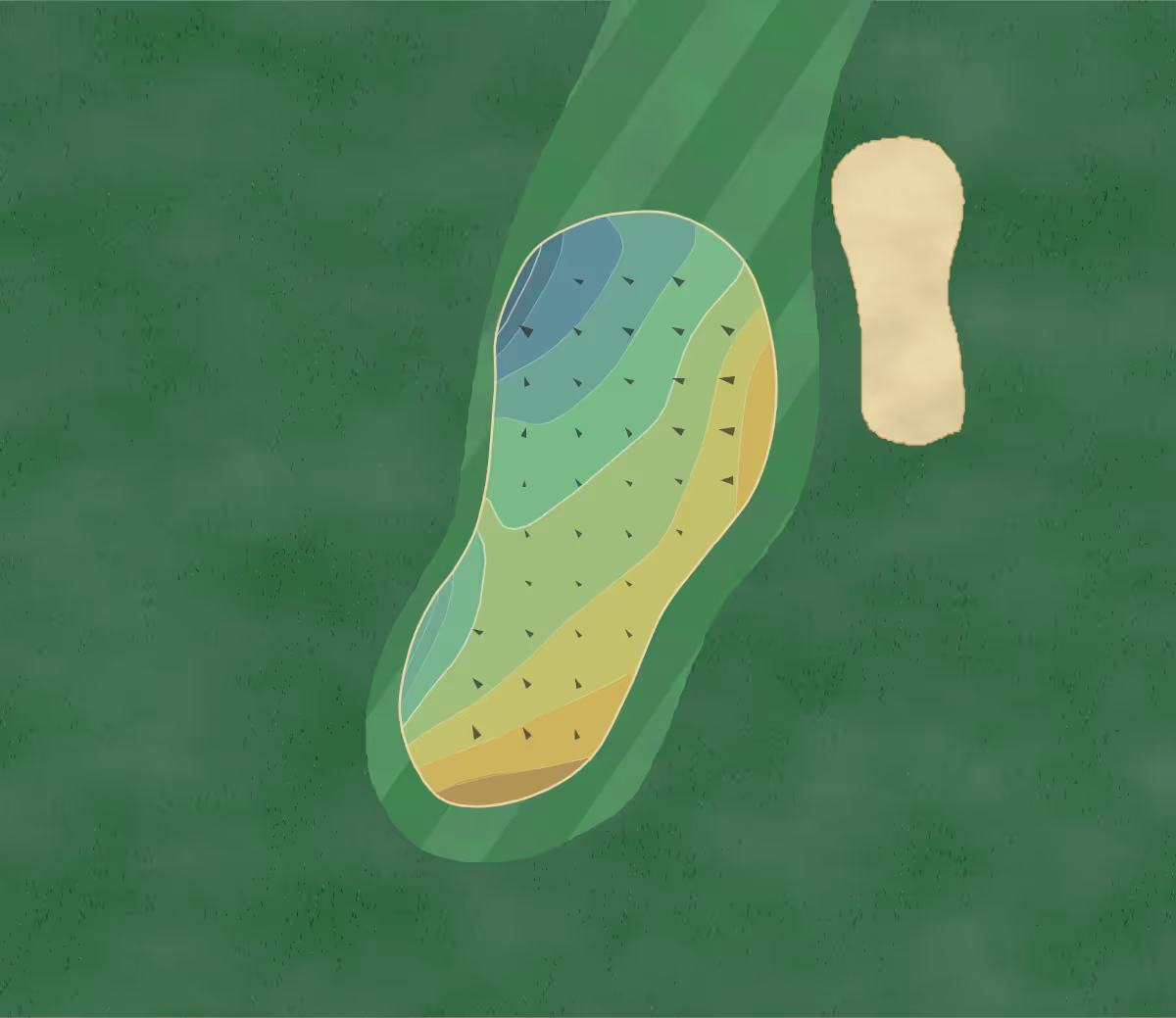 Green contour map of The Links at Land's End in Yantis, Texas — 101 elevation contours at a 3-inch interval with fall-line arrows, traced from 1-meter lidar