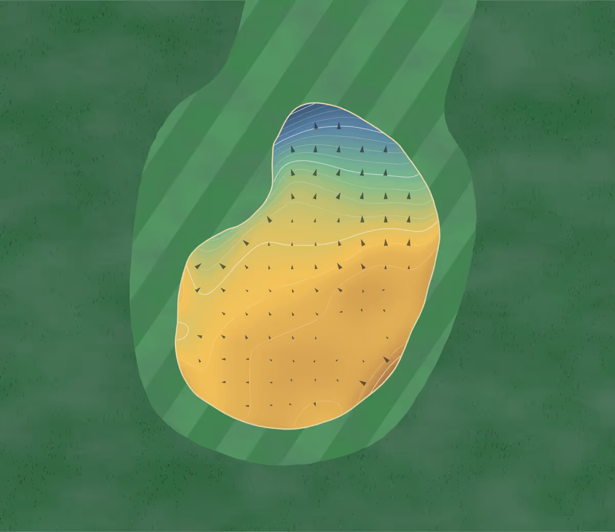 Green contour map of Links at OKC in Oklahoma City, Oklahoma — 133 elevation contours at a 3-inch interval with fall-line arrows, traced from 1-meter lidar