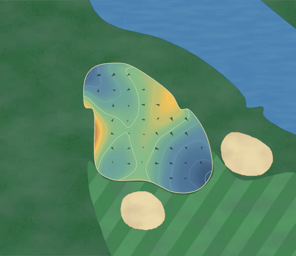 Green contour map of Rainbow Curve in Bentonville, Arkansas: 94 elevation contours at a 3-inch interval with fall-line arrows, traced from 1-meter lidar