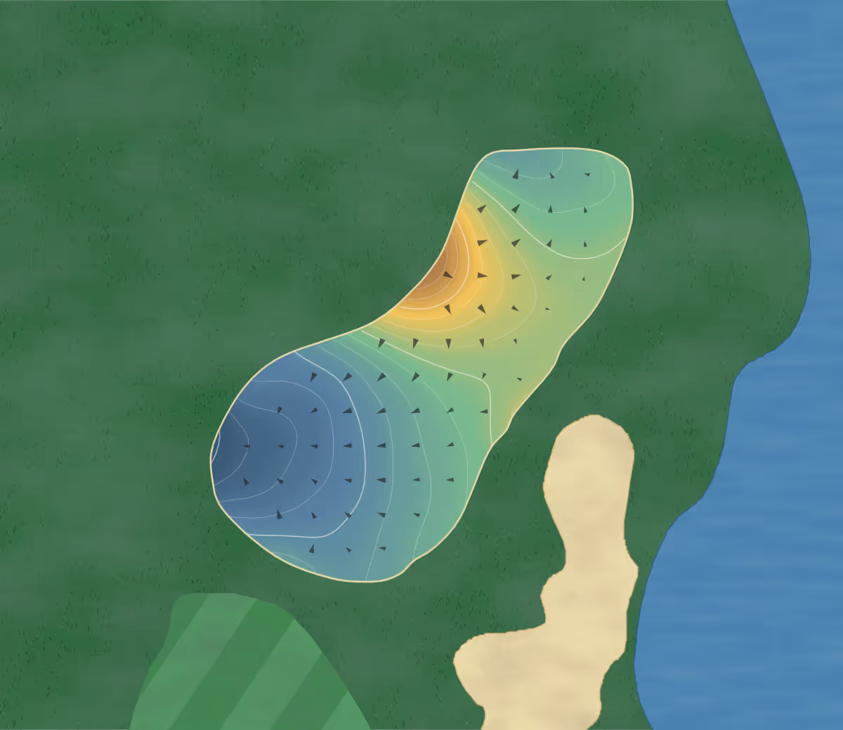 Green contour map of Links Golf Course in Bakersfield, California — 216 elevation contours at a 3-inch interval with fall-line arrows, traced from 1-meter lidar