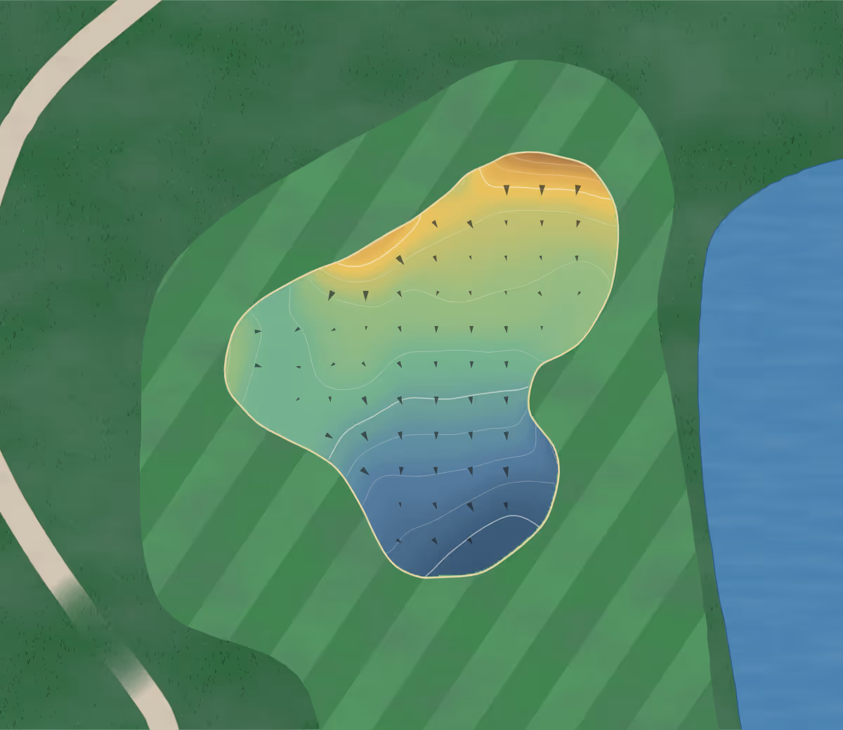 Green contour map of Links at Whitehaven in Memphis, Tennessee — 76 elevation contours at a 3-inch interval with fall-line arrows, traced from 1-meter lidar
