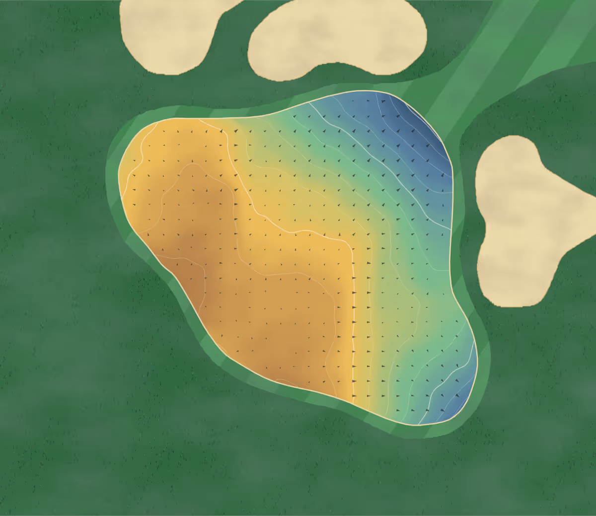 Green contour map of Links Golf Course in Lacombe, Canada: 151 elevation contours at a 8-centimeter interval with fall-line arrows, traced from 1-meter lidar