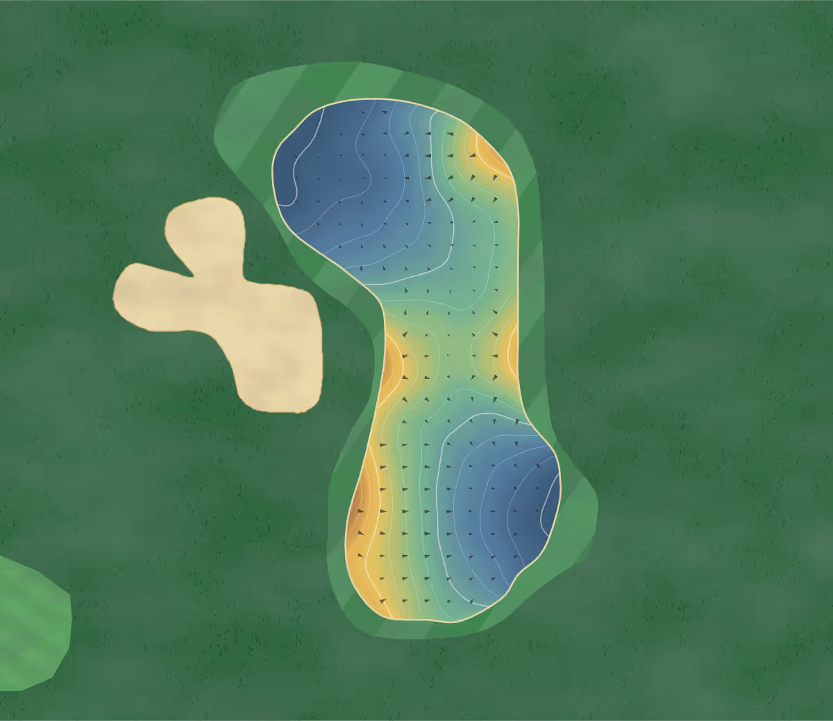 Green contour map of Links of Spruce Creek in Summerfield, Florida — 92 elevation contours at a 3-inch interval with fall-line arrows, traced from 1-meter lidar