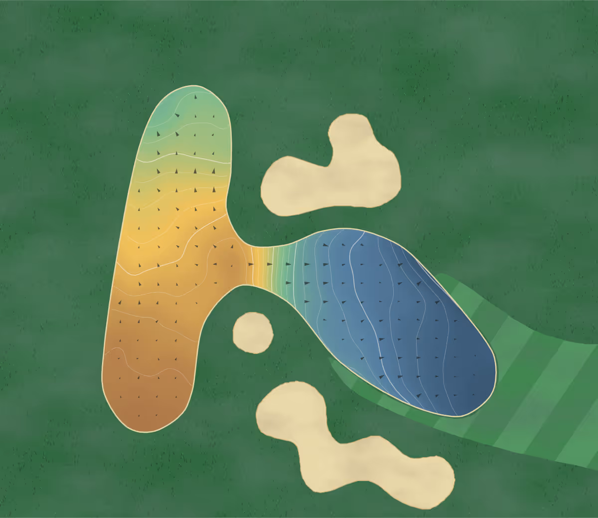 Green contour map of The Links in Stillwater, Oklahoma: 215 elevation contours at a 3-inch interval with fall-line arrows, traced from 1-meter lidar