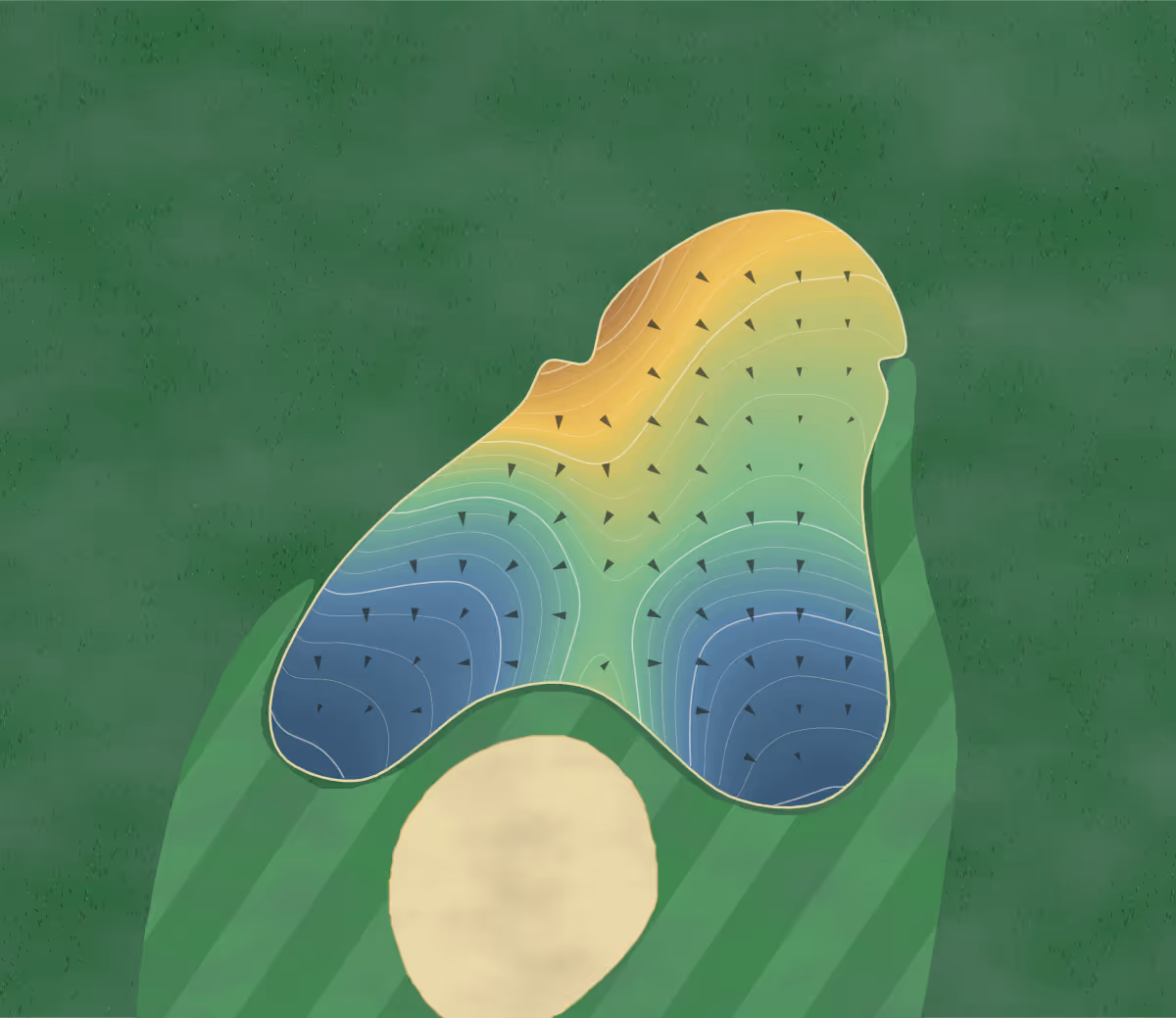 Green contour map of Little Course in Franklin, Tennessee — 104 elevation contours at a 3-inch interval with fall-line arrows, traced from 1-meter lidar