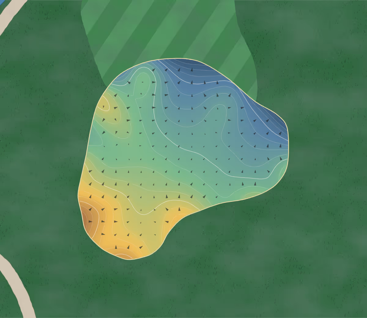 Green contour map of Lodge of Four Seasons in Lake Ozark, Missouri: 217 elevation contours at a 3-inch interval with fall-line arrows, traced from 1-meter lidar