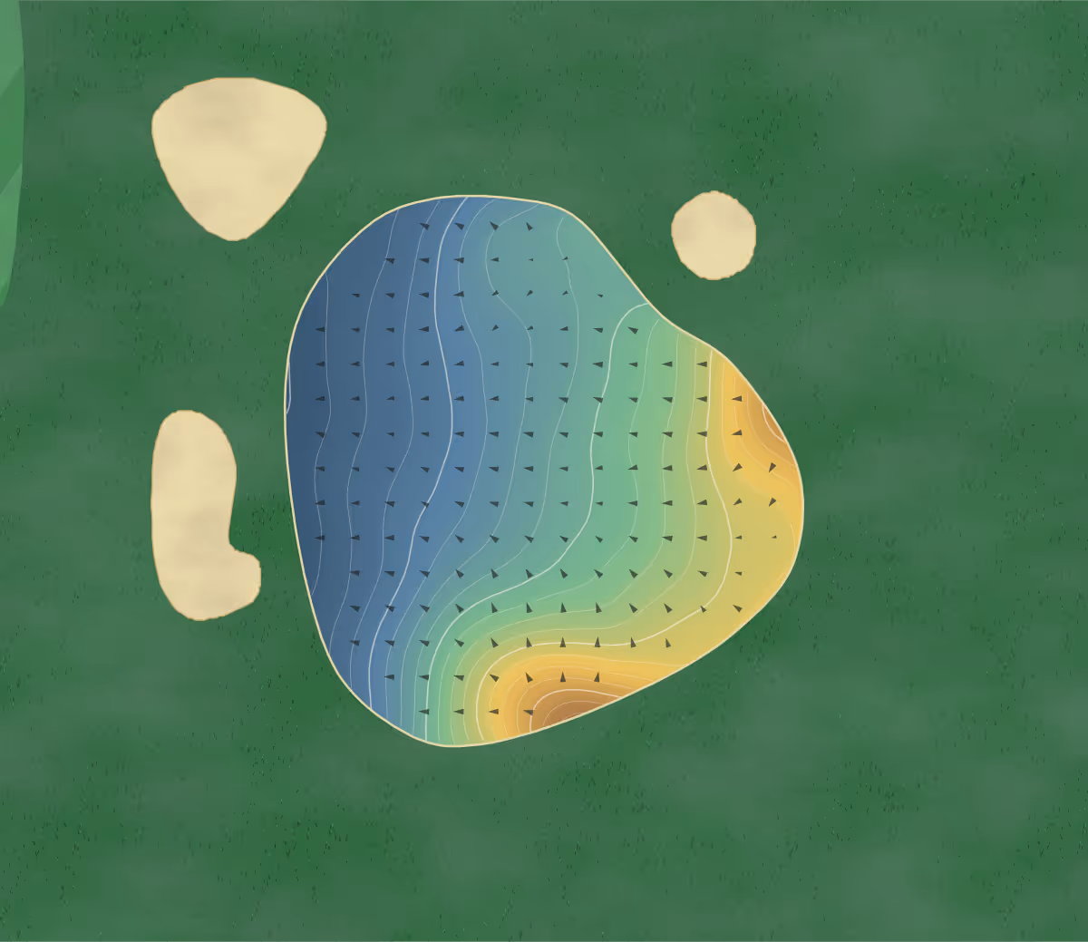 Green contour map of London Beach in Tenterden, England — 98 elevation contours at a 8-centimeter interval with fall-line arrows, traced from 1-meter lidar