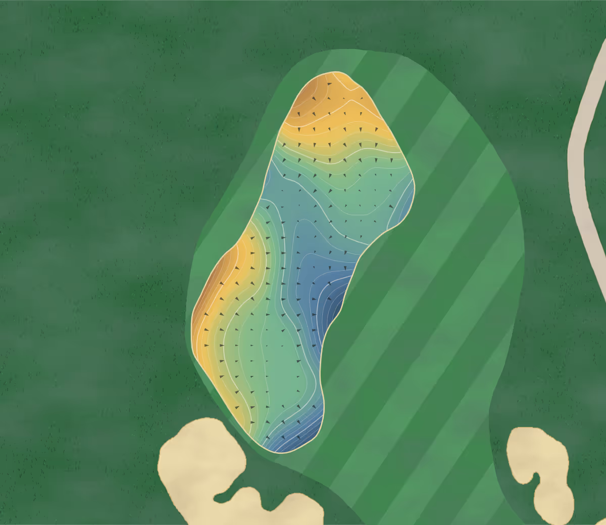 Green contour map of Madison Club in La Quinta, California — 248 elevation contours at a 3-inch interval with fall-line arrows, traced from 1-meter lidar