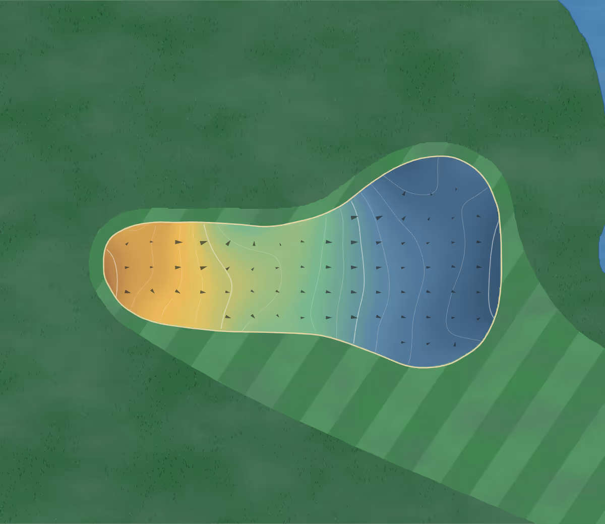 Green contour map of The Majors Golf Club at Bayside Lakes in Palm Bay, Florida — 92 elevation contours at a 3-inch interval with fall-line arrows, traced from 1-meter lidar